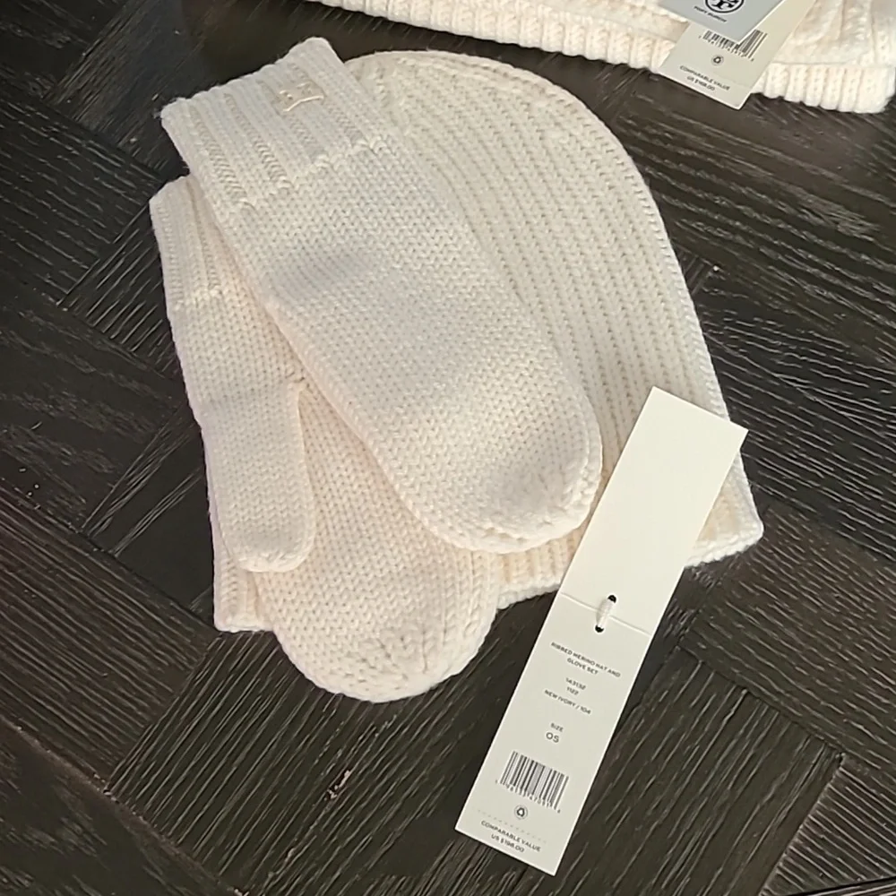 NWT Tory Burch Ribbed Merino Wool Oblong Scarf and Hat/Mitten Set